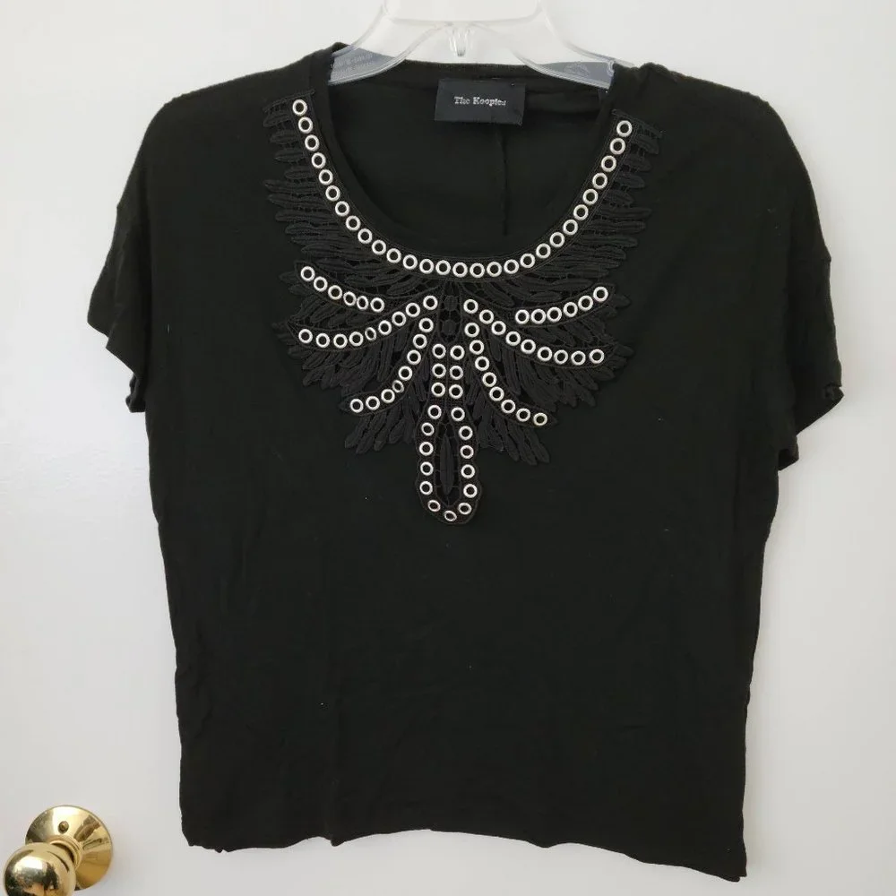 The Kooples Woman Black Short Sleeve Shirt with Silver Grommets - Picture 1 of 3